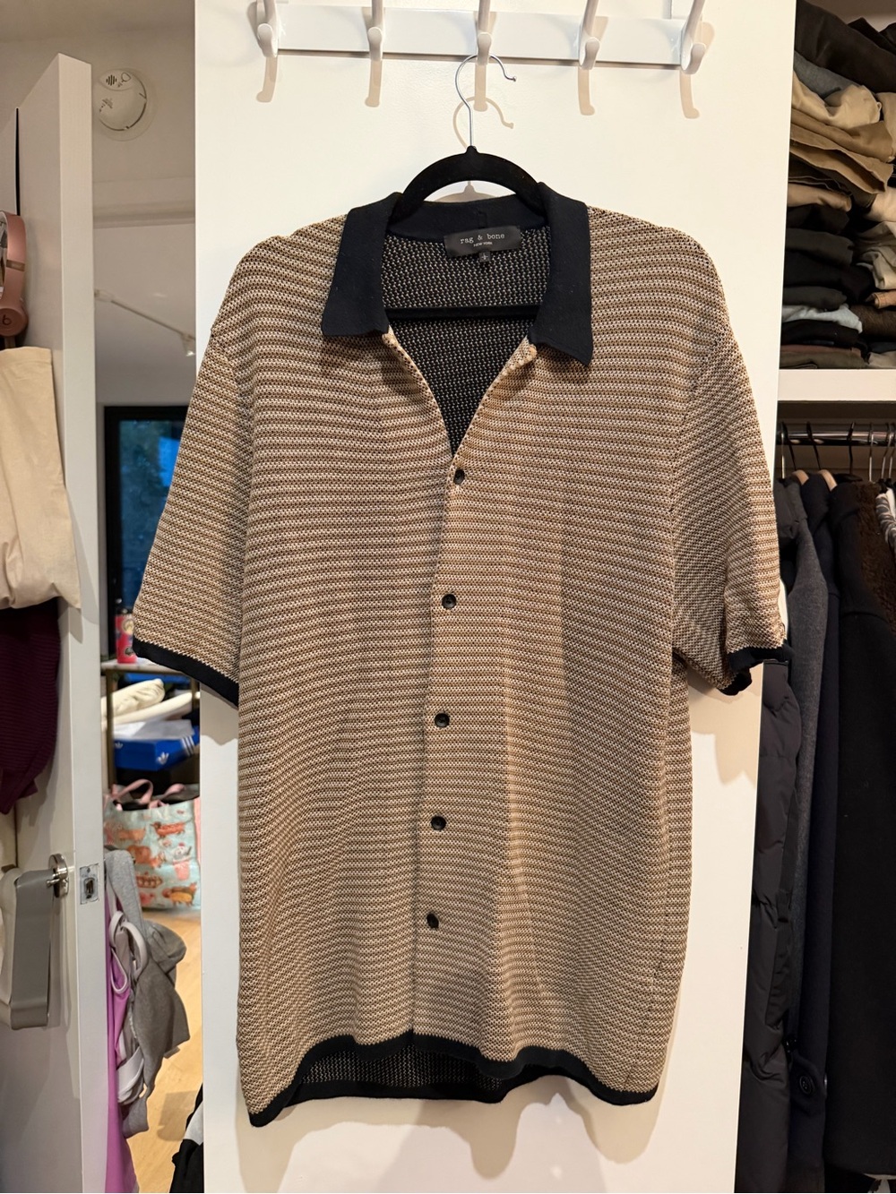 Short-Sleeve Knit Polo Shirt - Beige/Black